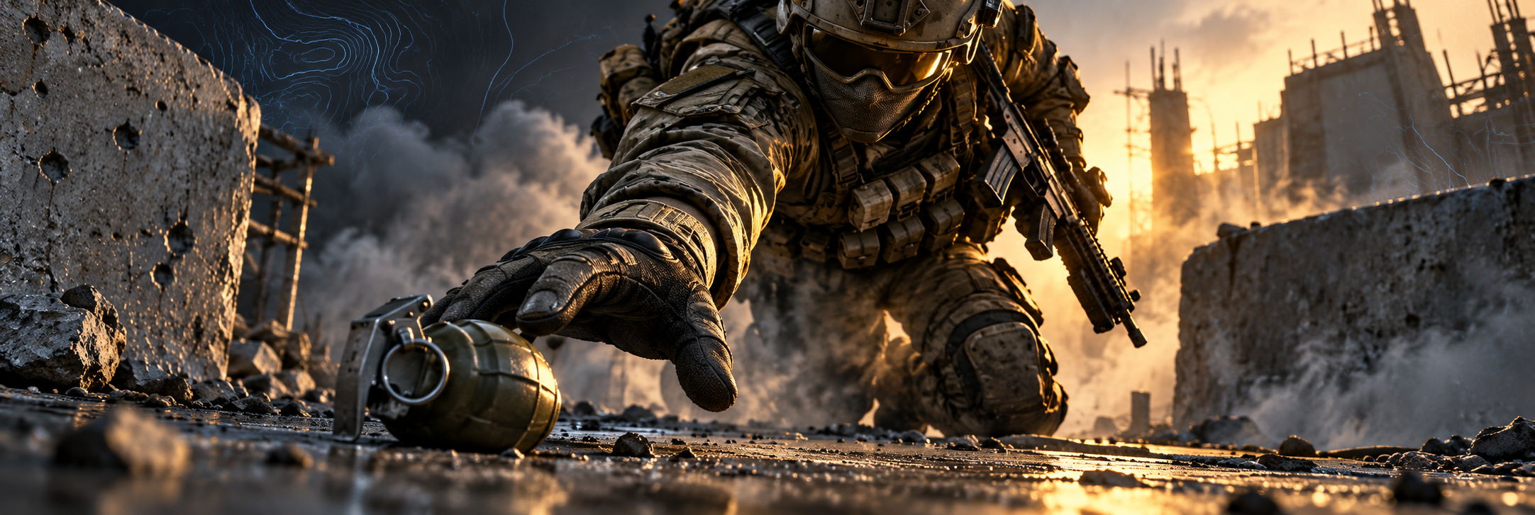 Tactical concept art of a gloved soldier reaching for a grenade on concrete
