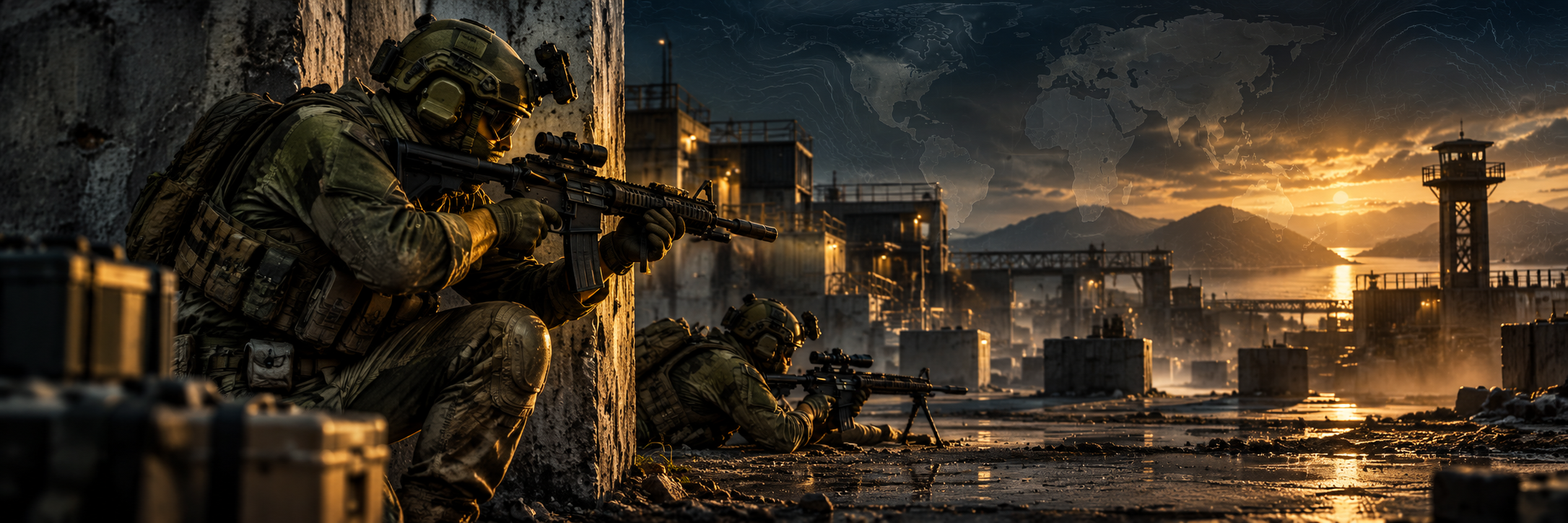 Tactical concept art of soldiers using a concrete corner and prone cover