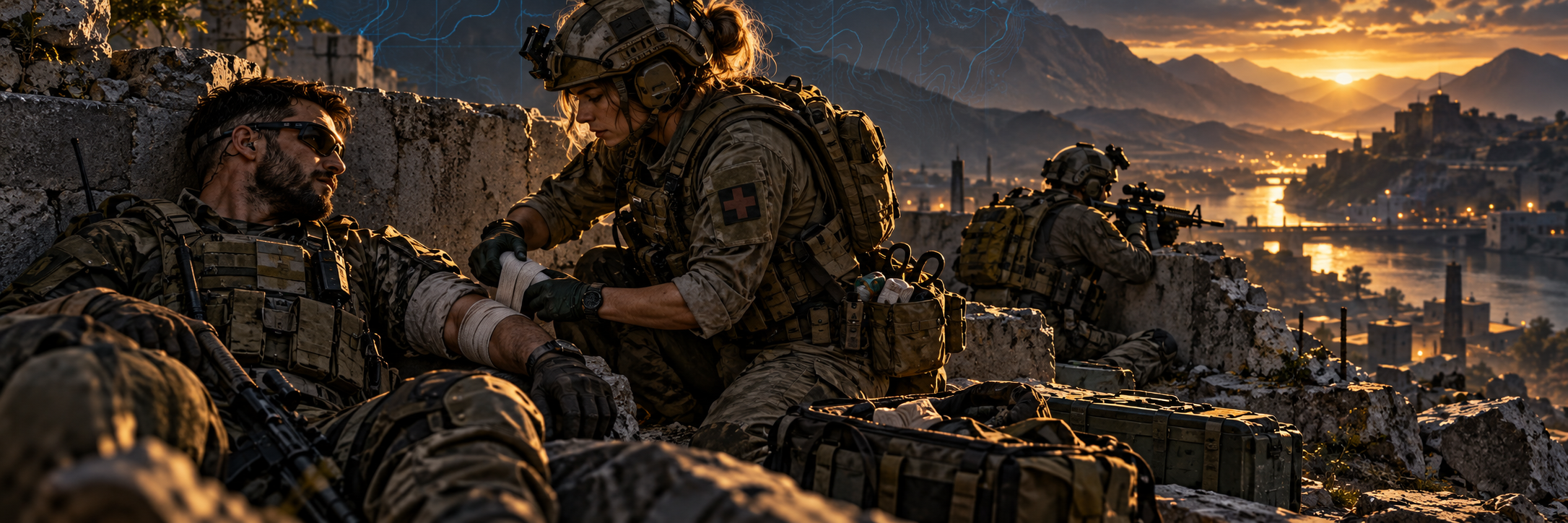Tactical concept art of a medic bandaging a teammate behind cover